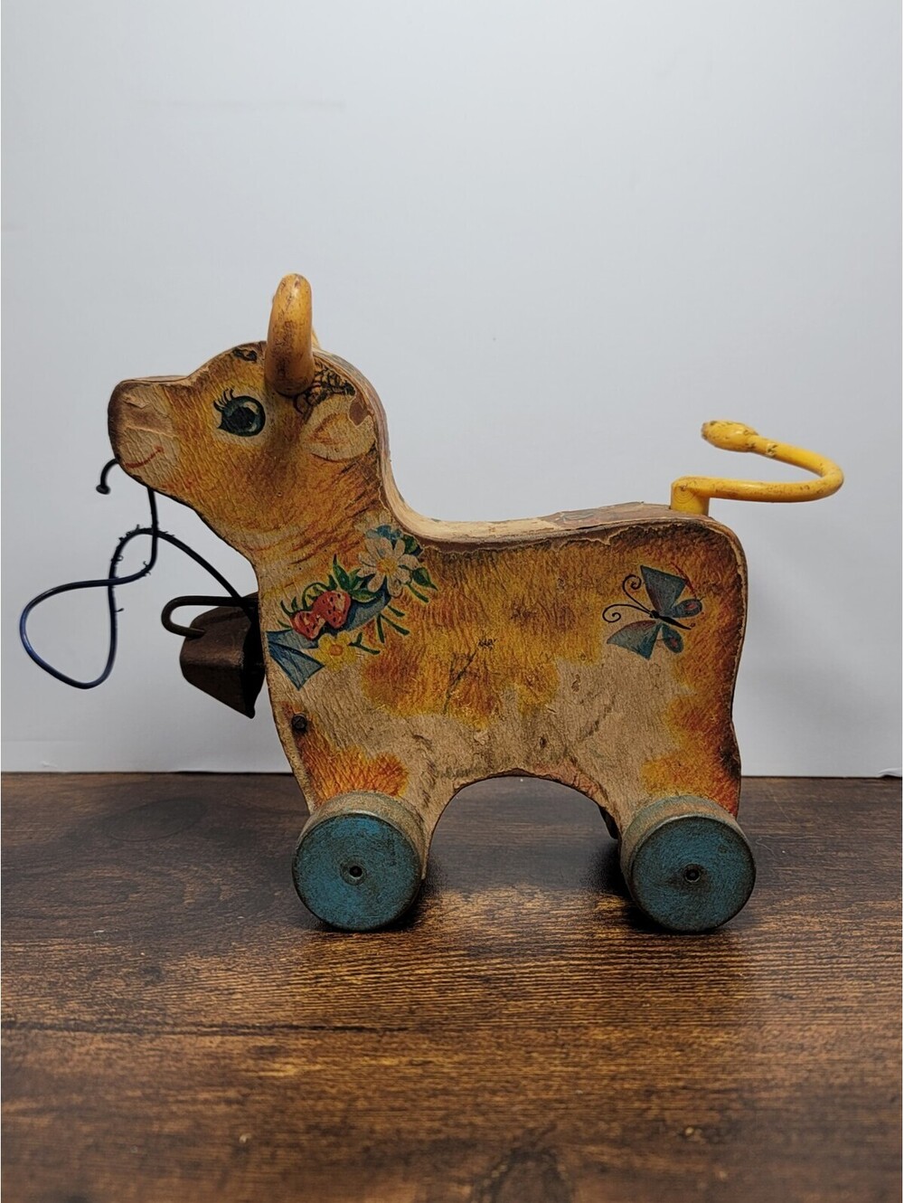 1960s Vintage Fisher Price Bossy Bell Wooden Cow Pull Toy